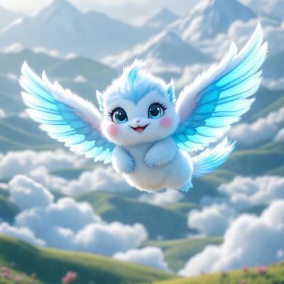 The primary subject of the image is a small, cute, and colorful animal, possibly a cat or a mouse, flying through the air. The animal is surrounded by a lush green field and a cloudy sky, creating a serene and whimsical atmosphere. The visual style of the image is a combination of photo and digital art, giving it a unique and vibrant appearance. The colors and mood of the image are predominantly blue and green, with a touch of pink, which adds a sense of warm